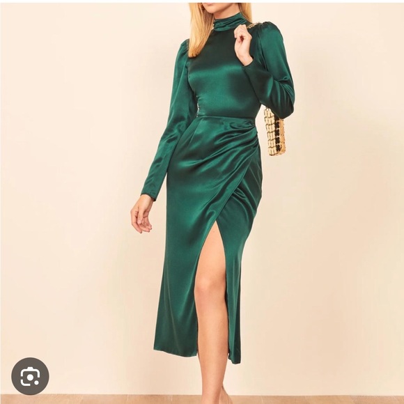 Reformation Carmelina Silk Dress Dark Green Size 12 NWT - Picture 3 of 16